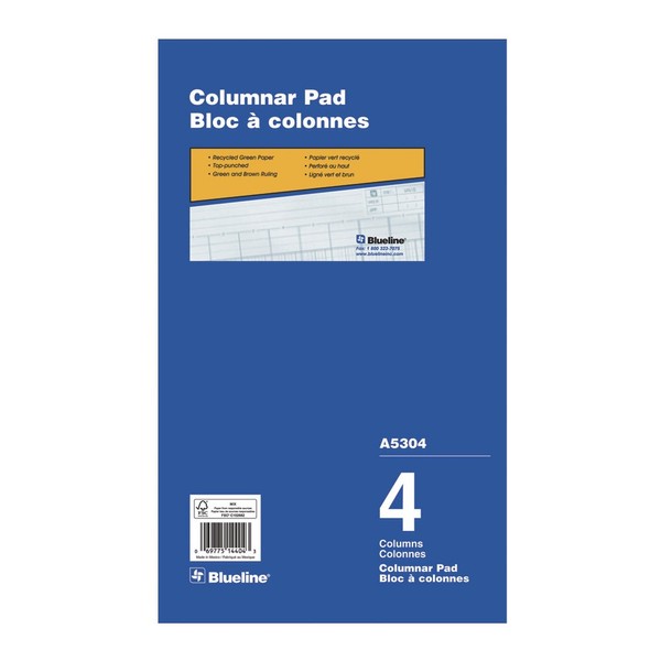 Blueline Columnar Pad, Glued Top Binding, 4 Columns with Description,