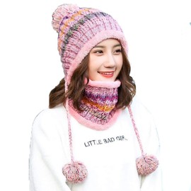 HLLMAN Women winter Knit Peruvian Beanie Hat Fleece Lined Scarf Set Neck Scarves with Earflap Ski Hat Pompoms