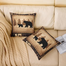 Bear Throw Pillow Covers 20"x20" Set of 2 Soft Wild Animal Cushion Covers for for Couch Sofa Rustic Cabin Country Nature Wildlife Bear Tree Yellow Brown Decorative Pillowcases Outdoor Pillows Covers