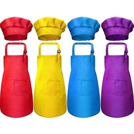 Falygda 4 Children's Apron and Chef Hat Sets, Adjustable, with 2-Pocket Kitchen Apron