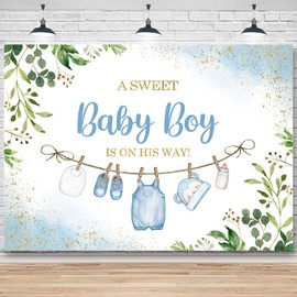 Sensfun Cute Clothes Baby Shower Backdrop for Boys A Sweet Baby Boy is On His Way Banner Greenery Eucalyptus Leaves Welcome Baby Boy Baby Shower Party Decorations Banner Photo Booth Props 7x5ft