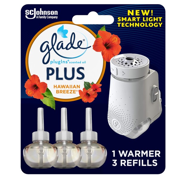 Glade PlugIn Plus Air Freshener Starter Kit, Scented Oil for Home and Bathroom, Hawaiian Breeze, 2.01 Fl Oz, 1 Warmer + 3 Refills
