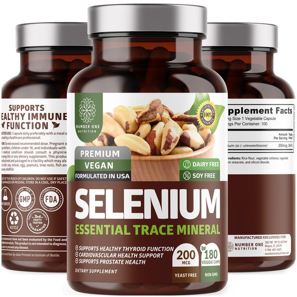 N1N Premium Pure Selenium [200MCG, Max Absorption] Essential Trace Mineral to Support Immunity, Heart, Thyroid and Prostate Health, 180 Veg Caps