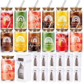 Layhit 12 Set Employee Appreciation Gifts Bulk 16 oz Thank You Glass Cups for Staff Coworker Thanksgiving Christmas Inspirational Glass Cups with Lids Straws Gift Boxes for Office Team Women Teacher