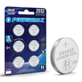 Powermax 6-Count CR2032 Batteries, Lithium 3V Coin Cell Button Battery Pack for Watch and Small Electronics, 5 Year Shelf Life