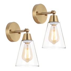 MWZ Gold Wall Sconce Set of 2,Modern Brushed Brass Sconces Lighting with Clear Glass Shade,Bathroom Light Fixtures Over Mirror,Vanity Lights Over Sink,Indoor Wall Mount Adjustable Angle Lamp