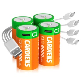 CARDIENS 6000mWh Rechargeable C Batteries 4 Pack Lithium C Cell Battery with 4-in-1 USB-C Charging Cable and LED Charge Indicator