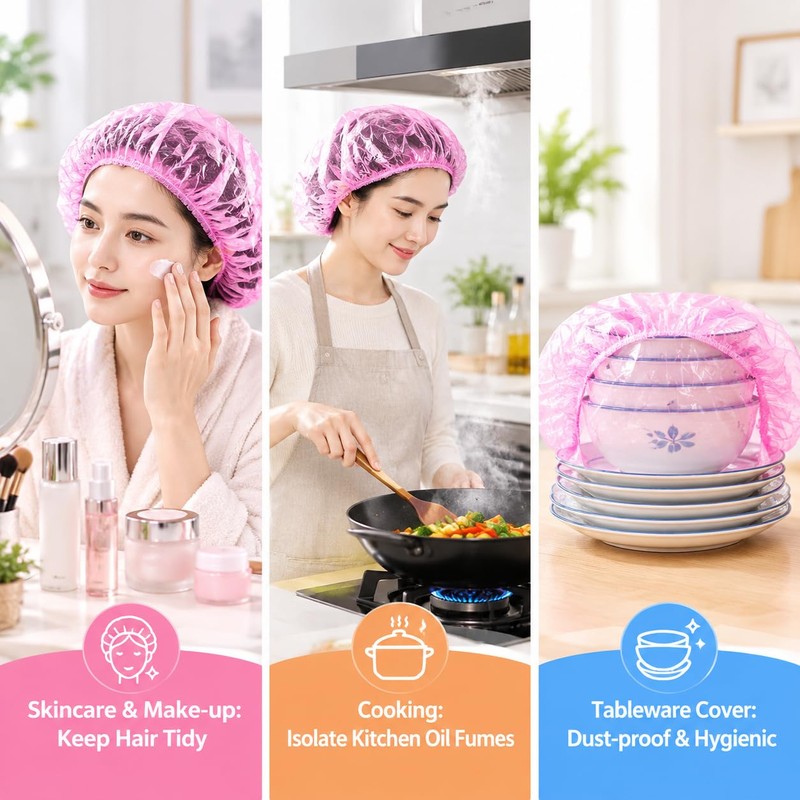 50Pcs Disposable Shower Caps, Waterproof Plastic Bath Hair Caps (Pink)