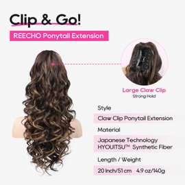 REECHO Ponytail Extension, 24" Claw Clip in Ponytail Extensions Long Curly Wavy Jaw Clip on Pony Tails Hairpiece for Women, Dark Brown with Highlights
