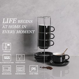 Sweejar Ceramic Espresso Cups with Saucers, 4 Ounce Stackable Cappuccino Cups with Metal Stand for Coffee Drinks, Latte, Tea - Set of 4 (Black)