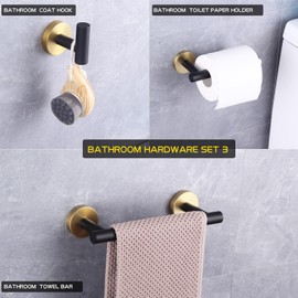 GERZWY Bathroom 3-Pieces Hardware Accessories Sets (Coat Hook 12-Inch Towel Bar Toilet Paper Holder) SUS 304 Stainless Steel (Black & Gold)