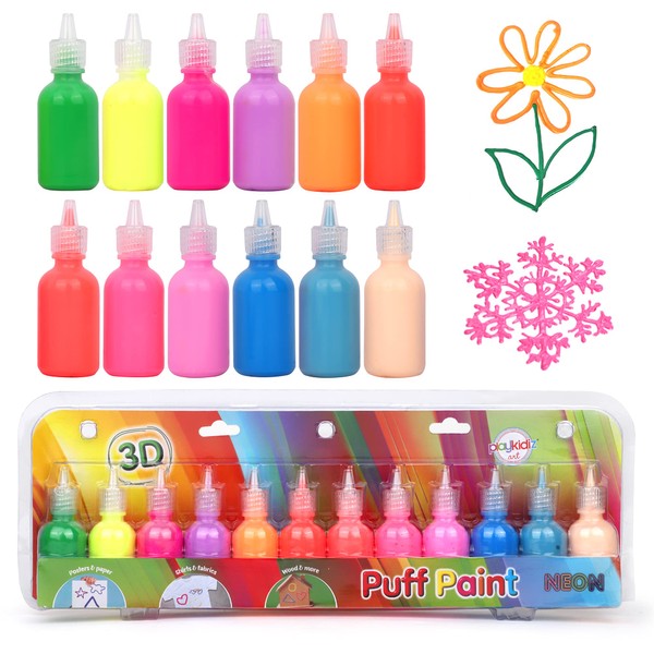 Playkidiz 3-D Art Neon Puff Paint for Kids, 12 Pack Color Pack Squeeze Paint, Non Toxic Puff Paint Set, Washable Fabric Paint, Classic Colors, Ages 3+