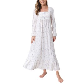 Soft Nightgowns for Women Knit Cotton Victorian Long Sleeves Ladies Full Length Nightdress with Pockets (Lilac Rose, 2XL)