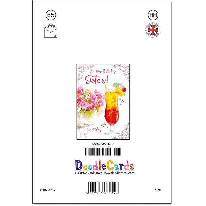 doodlecards Sister Birthday Card Floral Cocktail Medium Size with Plain