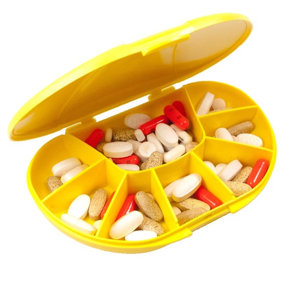 VitaCarry 8-Compartment Travel Vitamin, Medication, and Supplement Pill Box, Holds up to 150 Pills (Yellow)
