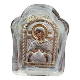 (MSA-2/006/) Virgin Mary Seven Swords Byzantine Silver Christian Orthodox Icon in White Murano Glass/Greek Handmade (4.5x3.5)