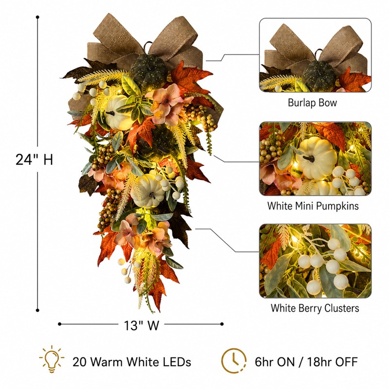 Svndlyn 24 Inch Lighted Fall Teardrop Swag with Timer and