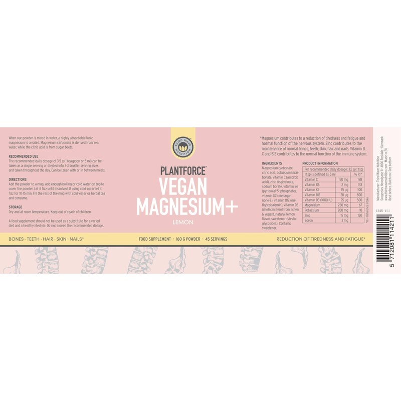 Plantforce Vegan Magnesium+ Lemon 160G Powder - 45 Servings