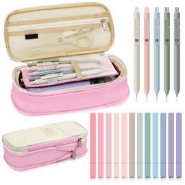 18 Pcs Aesthetic School Supplies Include Big Capacity Pen Case Bag with Zipper 12 Pcs Chisel Tip Aesthetic Cute Highlighters 5 Pcs Quick Dry Retractable Black Ink Pens for Students(Pink)