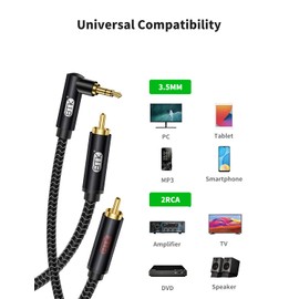 EMK Right Angle Jack 3.5mm to 2RCA Cable 90 Degree AUX Audio Cable Y Splitter RCA (R&L) Nylon Braided 3.5mm AUX Cord for Smartphone, Speaker, Soundbar, Turntable, TV, Car Stereo (5meters)