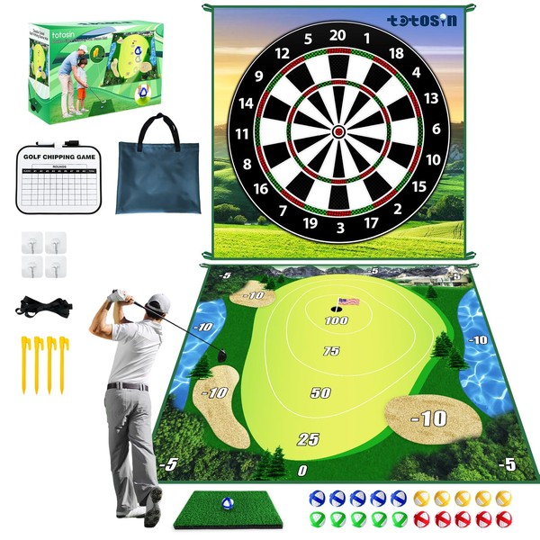 TOTOSIN Golf Chipping Game with Golf Hitting Mat, 70"x70" Double Sided Golf Training Mat with 20 Sticky Balls,Golf Practice Mat Kits Indoor Outdoor Golf Accessories for Adult Family Yard Game(No Club)