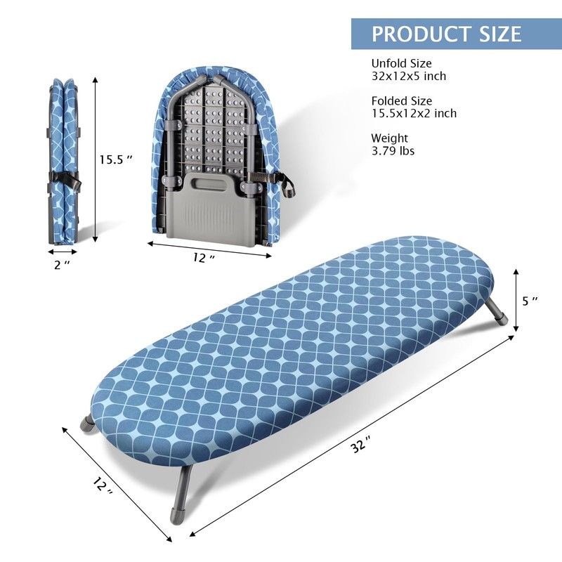 SheeChung Tabletop Ironing Board 12"x32",Small Ironing Boards with Removable Cotton