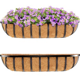 HFHOME 30" Window Box Deck Railing Planter with Horse Trough Coco Liners, Black Metal Hanging Flower Planters Baskets for Indoor, Outdoor, Balcony, Porch, Fence, Patio, and Lawn (Set of 2)