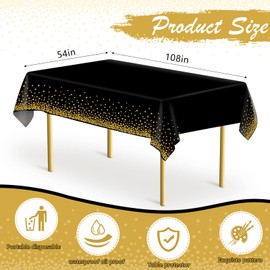 MOKANI Disposable Plastic Tablecloths, 4 Pack Party Rectangle Table Cloths, Black Gold Dot Confetti Rectangular Table Covers for Picnic Weddings Birthday Parties 54" x 108"