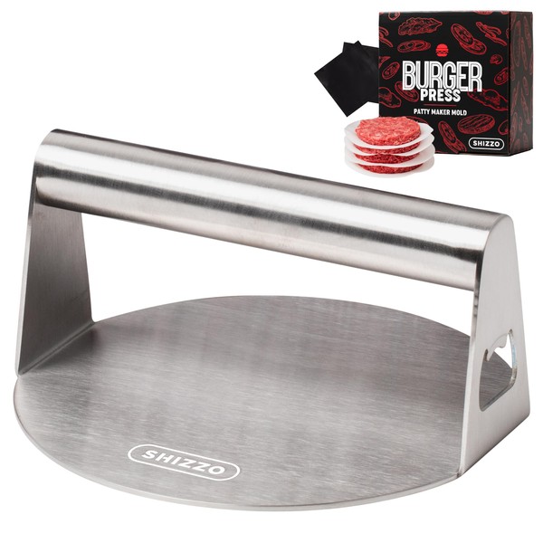 Shizzo Burger Press, Stainless Steel Burger Smasher, Griddle Accessories Kit, Grill Press Perfect for Smashburger, Griddle Cooking Tool, for Patty, Bacon, Hamburger, with Bottle Opener