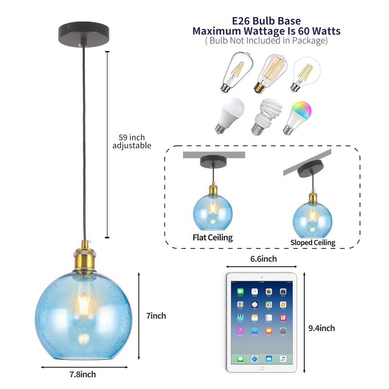 Blue Glass Pendant Lights Kitchen Island Lighting Globe Pendant Light