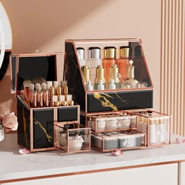 CoralHouse Makeup Organizer Black,Glass Vanity Organizer for Skincare, Perfume, Brushes & Lipsticks – Countertop Makeup Storage Box for Women, Bathroom or Dresser