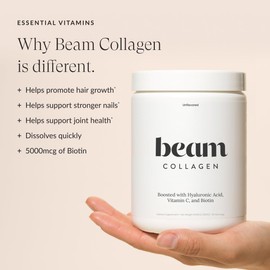 Beam Collagen Powder, Collagen for Women, Collagen with Hyaluronic Acid, Collagen Peptides Type 1 and 3, with Biotin, Grass Fed Bovine, Third-Party Tested, Best for Coffee, Vitamin C, 60 Servings
