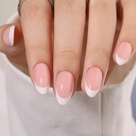 Hrnsnails White French Tip Press On Nails - Almond Press On Nails, Glue On Nails Short Fake Nails with Glossy Designs, Acrylic Nails Press On Gel False Nails,Artificial Nails Stick On Nails for Women