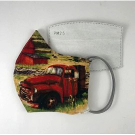 Country Barn Face Mask - Red / Multi - Double Layer with PM 2.5 Carbon Filter