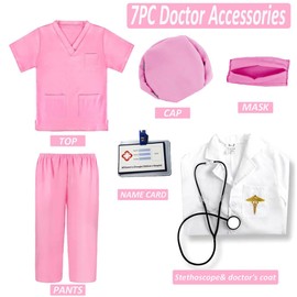VNNOPG Kids Doctor Costume Doctors Nurse Outfit Set Child Role Play Costumes Fancy Dress Up Playsets with Lab Coat,Stethoscope,Mask and Scrubs Costume,Pink(130)