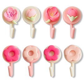 8 Pcs Cute Flower Wall Hooks, Pink Wall Hooks, Small Adhesive Hooks, Plastic Hooks for Hanging Lightweight Item, Towel, Key, Hat, Small Decorative Hooks for Home, Kitchen, Bathroom, Bedroom and Office