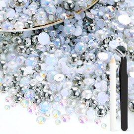 100g Mix Flatback Pearls and Rhinestones for Crafting,White Silver 3-10mm Resin Rhinestones and Half Pearls for Bedazzling, Nail Art Face Makeup Craft DIY Decoration
