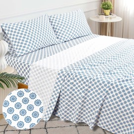 Sleepdown 100% Cotton Sheets for Full Size Bed, Ultra Soft 4 Pcs Percale Weave Full Size Bed Sheets, Cool & Crisp Full Size Sheets, 16" Deep Pocket Bed Sheets Full Size (Mandalas Blue, Full Sheet Set)