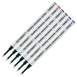 Schmidt 5888 Safety Ceramic Rollerball Metal Refill - Black, Blue, Green, Red Ink (Fine Tip 0.6mm) - Pack of 6