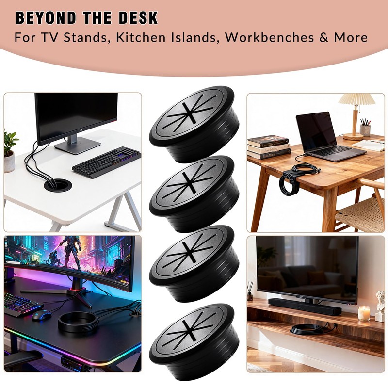 Desk Grommet Kit - 8 PCS 2 Inch Black ABS