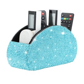 KEYPOWER Remote Control Holder Organizer Table Desk Leather Control Storage TV Remote Control Organizer with 5 Spacious Compartments Bling Crystal Luxury Handmade Diamond (Blue)