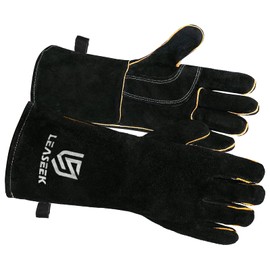 LeaSeek Leather barbecue gloves, Heat/Fire Resistant Forge Welding Gloves,Mitts for Fireplace,BBQ,Welder,Grill,Oven,Stove,Tig,General Utility Work Gloves (14-inch, Black)