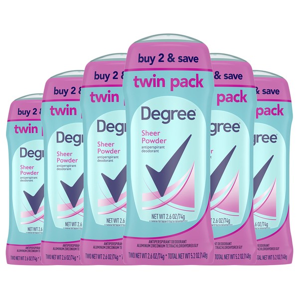 Degree Antiperspirant Deodorant 48-Hour Sweat and Odor Protection Sheer Powder Antiperspirant for Women 2.6 oz, 6 Twin Packs