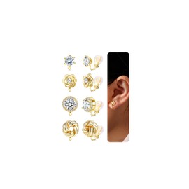 BESTEEL CZ Clip on Earrings Women - Hypoallergenic Non Pierced Earrings for Sensitive Ears Small Cubic Zirconia Flower Heart Square Twist Knot Fake Earrings Set Wedding/Dance/Gift Silver Gold VGF