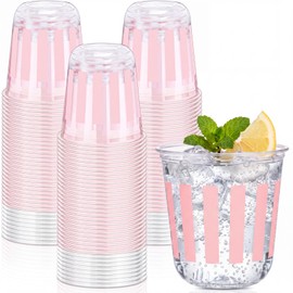 50 Pcs Pink Striped Plastic Cups Disposable 12oz