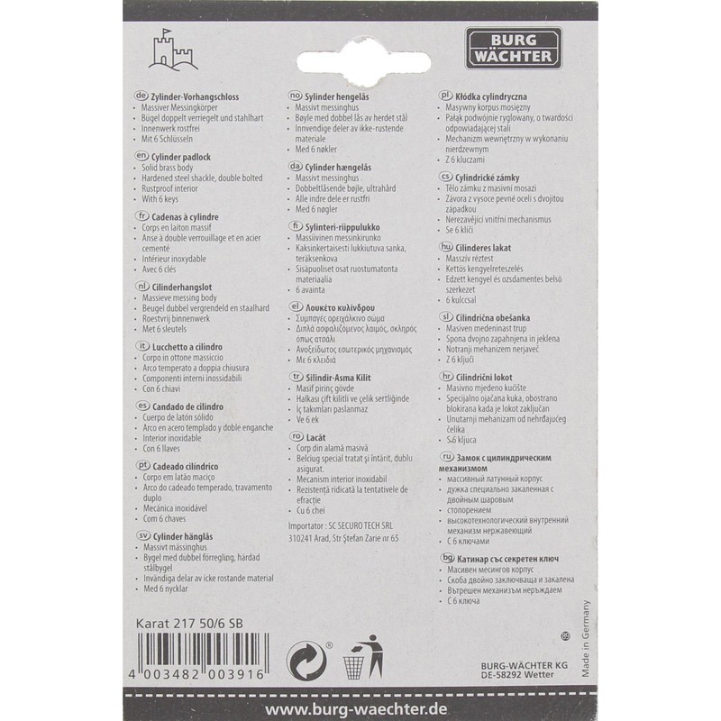 BURG WÄCHTER Cylinder Padlock 116 20, Karat 217 50/6 SB