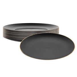 Restaurantware-Moderna 10 Inch Premium Disposable Plates, 200 Durable Plastic Plates For Parties - Gold-rimmed, Heavy-duty, Black Plastic Dinner Plate, For Warm And Cold Foods, Ideal For Restaurants