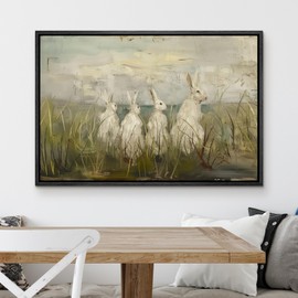 MUDECOR Framed Canvas Print Wall Art Whimsical White Rabbits in Grassland Soft Pastel Landscape Illustrations Realism Decorative Panoramic Earth for Living Room, Bedroom, Office - 16"x24" Black