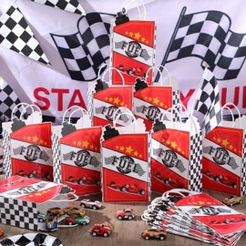 MotiMind 16 Pcs Race Car Fuel Treat Bags Racing Birthday Party Supplies Gift Black White Checkered Flag Paper Boxes Candy Goodies Bags with Handles for Wedding Bridal Baby Shower Party Favor Decor