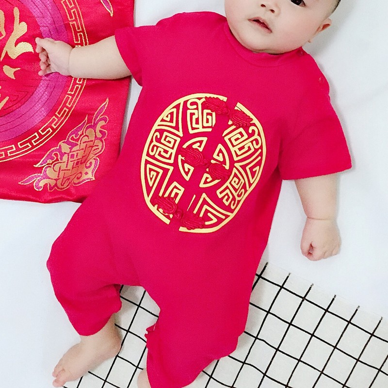 Chinese Style Infant Short Sleeve Embroidery Jumpsuit Cotton Breathable Baby